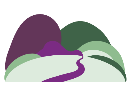 Stylised picture of a pathway through a set of hills in mint, sage, mauve, dark mauve and dark green