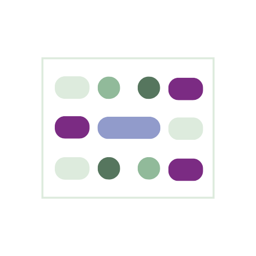 Abstract set of dots and lozenges in mint, sage, dark green, mauve and lilac, forming a rectangle