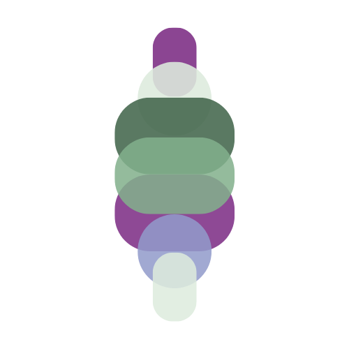 Vertical line of lozenges in Tuntara colours: mauve, lilac, mint, sage and forest green. The abstract image represents getting your ducks in a row.