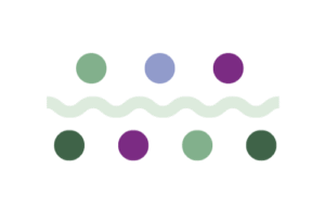 Dots in mint, sage, dark green, mauve and lilac above and below a wavy line