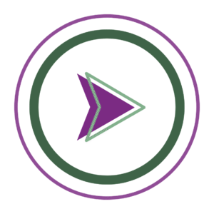 Mauve outer circle and dark green inner circle surrounding a a forward arrow that looks like a play button