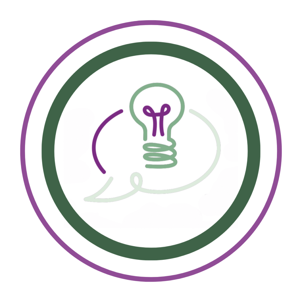 Mauve outer circle and dark green inner circle surrounding a lightbulb in a speech bubble