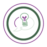 Mauve outer circle and dark green inner circle surrounding a lightbulb in a speech bubble
