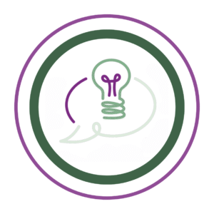 Mauve outer circle and dark green inner circle surrounding a lightbulb in a speech bubble