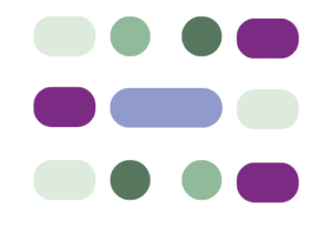 Abstract set of dots and lozenges in mint, sage, dark green, mauve and lilac, forming a rectangle