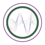 Mauve outer circle and dark green inner circle surrounding a set of wavy lines in the same colours