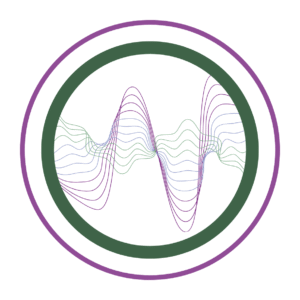 Mauve outer circle and dark green inner circle surrounding a set of wavy lines in the same colours