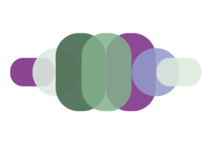 A horizontal stack of blobs in mint, lilac, mauve, sage and forest green. This abstract symbol represents Tuntara Pathways colours and a riff on the logo.