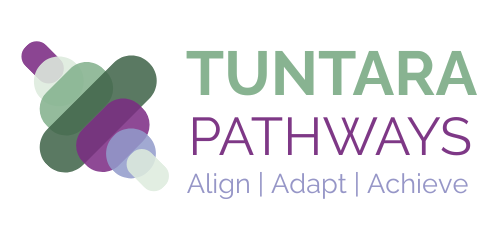 Tuntara Pathways name with logo: diagonally placed lozenges that increase in size to the middle. Colours are mauve, mint, sage, dark green and violet. Tagline is Align, Adapt, Achieve.