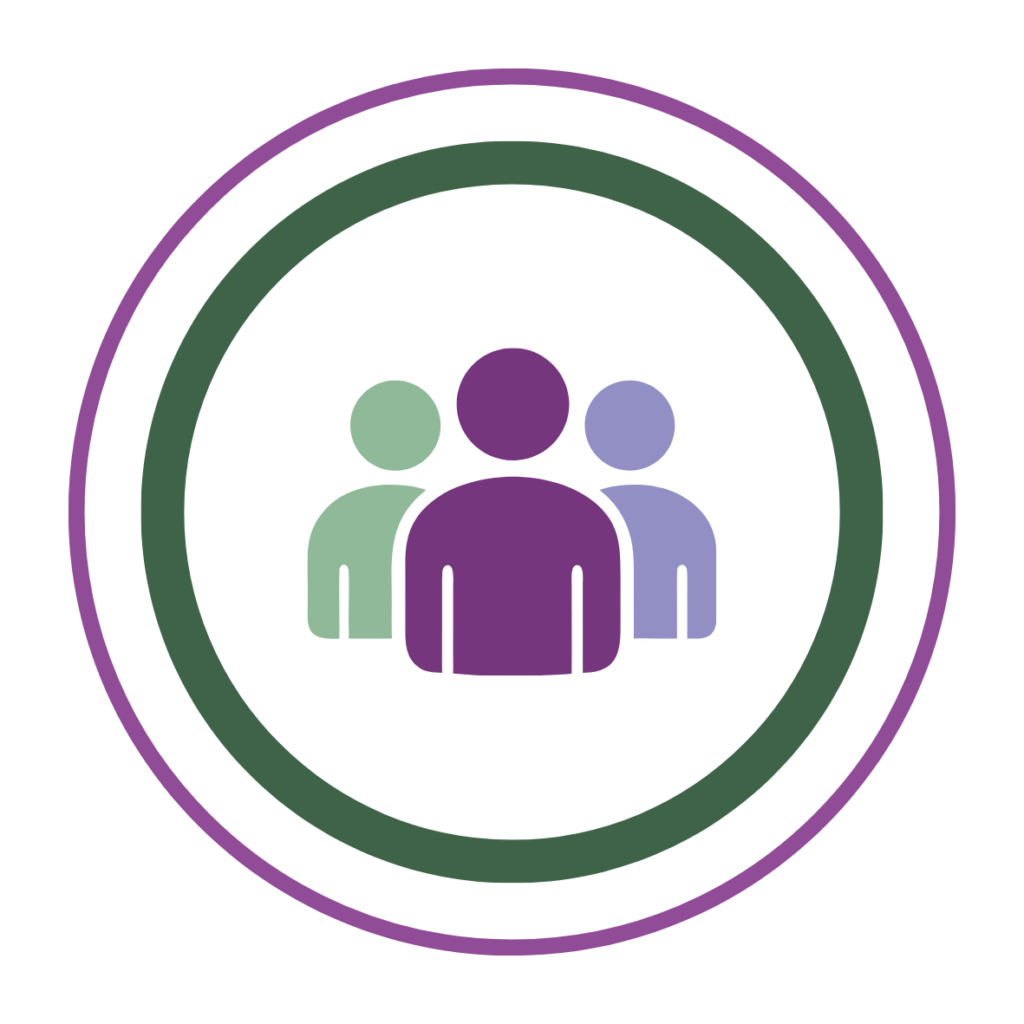 Three cartoon silhouettes of people in two circles