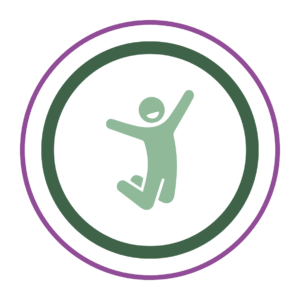 Sage green person wearing a smile jumps into the air