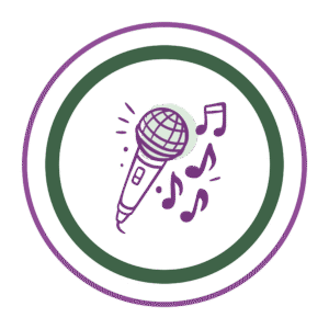Microphone with musical notes coming from it situated centrally in concentric green and mauve circles
