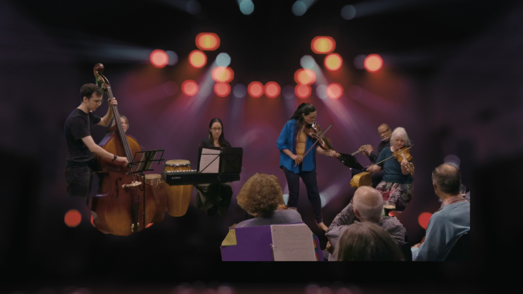 Musicians playing on a stage: double bass, drums, piano, two violins and a flute. They play in front of an audience.