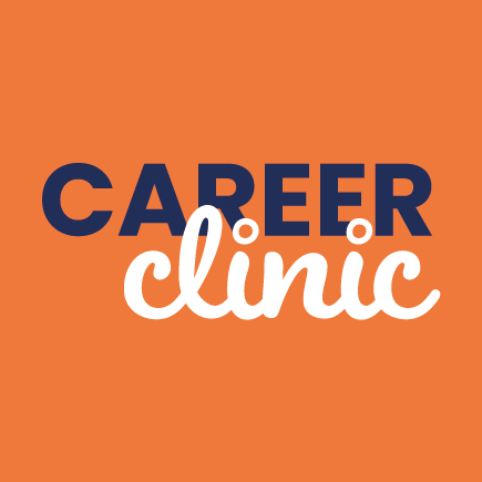 Logo design - Career Clinic v2_Logo - Square - orange bg(1) Career clinic logo: dark blue and white text on an organge background